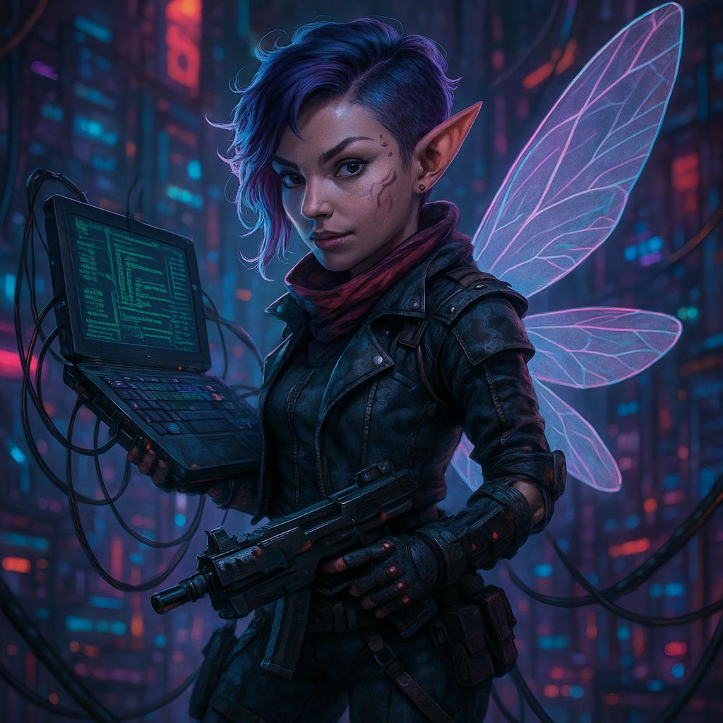 Shadowrun Female Pixie Decker in Cyberpunk Style