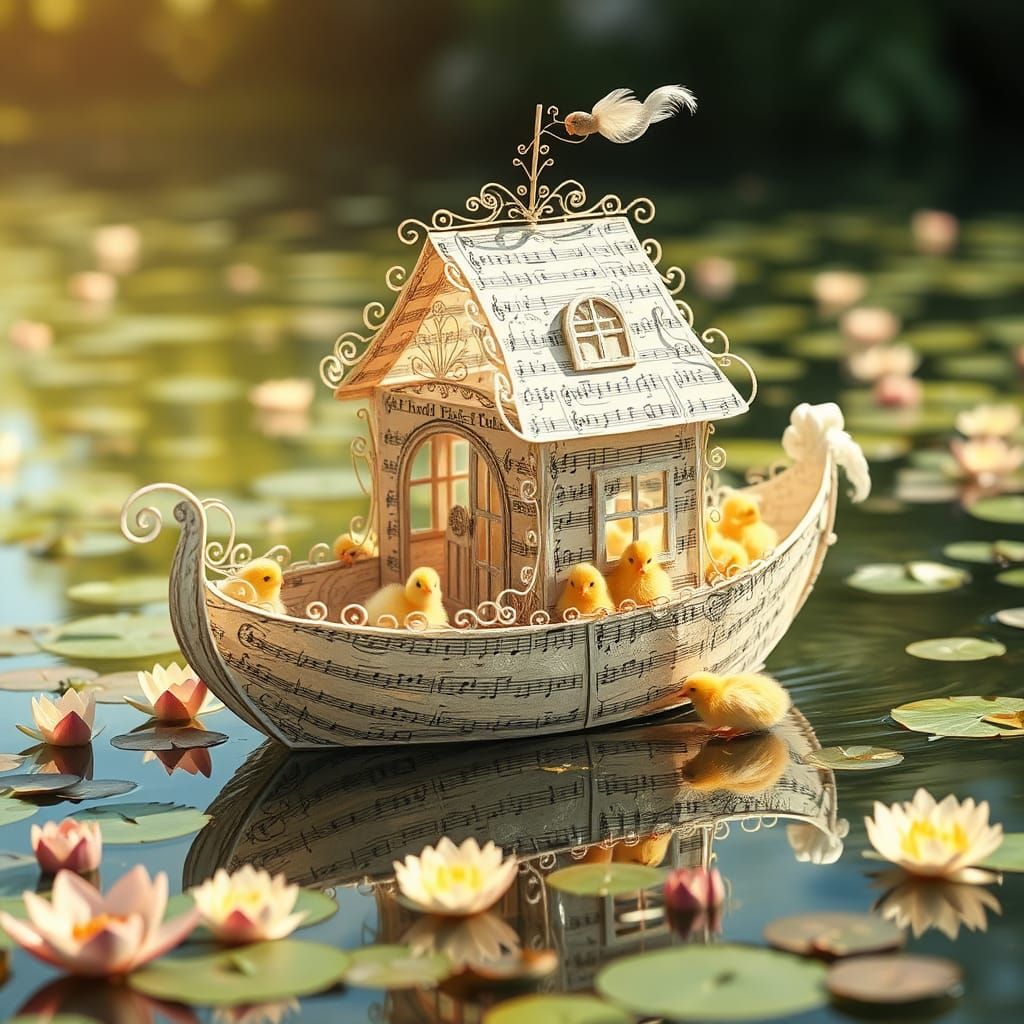 Whimsical Houseboat on Lake with Chicks