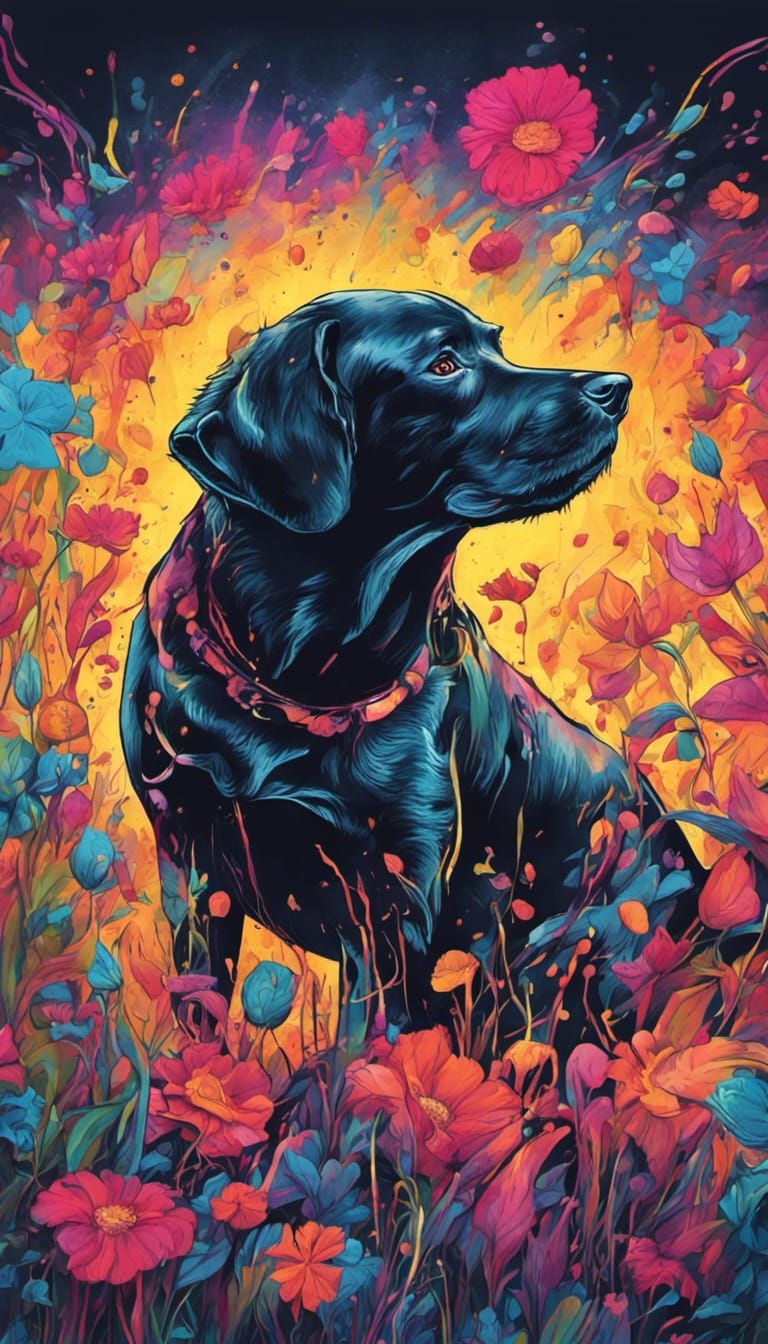 Psychedelic Black Lab in Cosmos Flower Field
