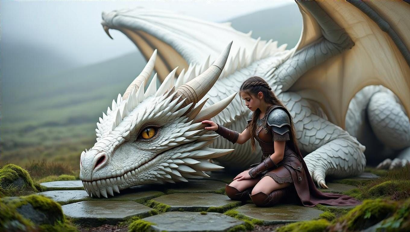 Warrior Girl and White Dragon in Misty Highlands