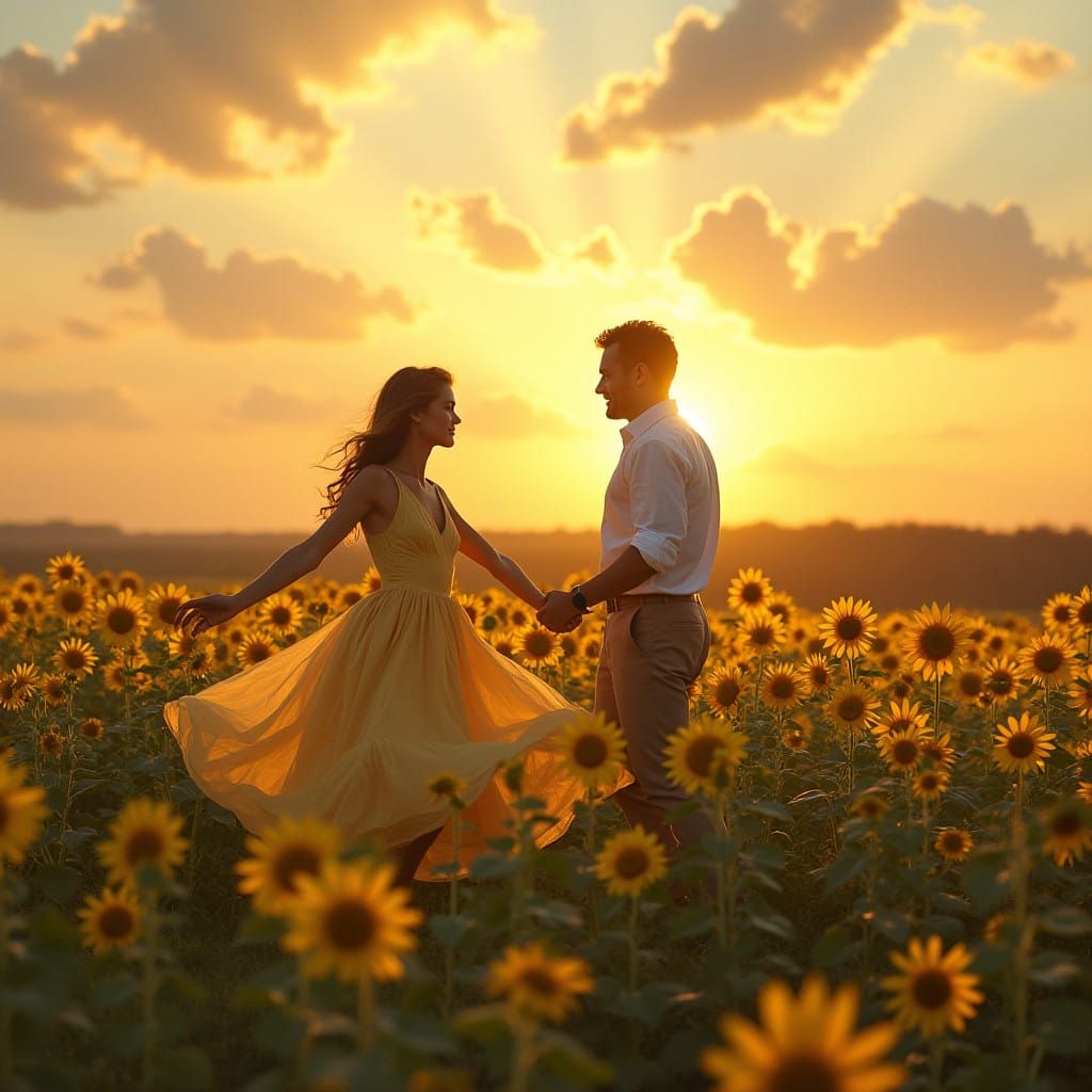 Romantic Sunflower Sunset Dance in Impressionist Style