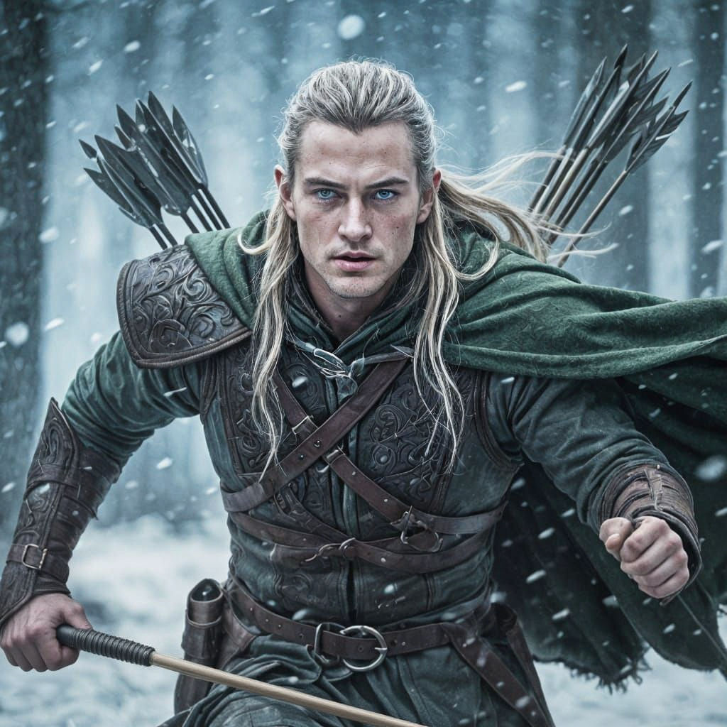 Legolas Sprints Through Snowy Forest in Hyperrealistic Style