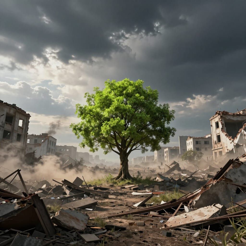 Hope Amidst Ruin: A Glowing Tree in a Destroyed World
