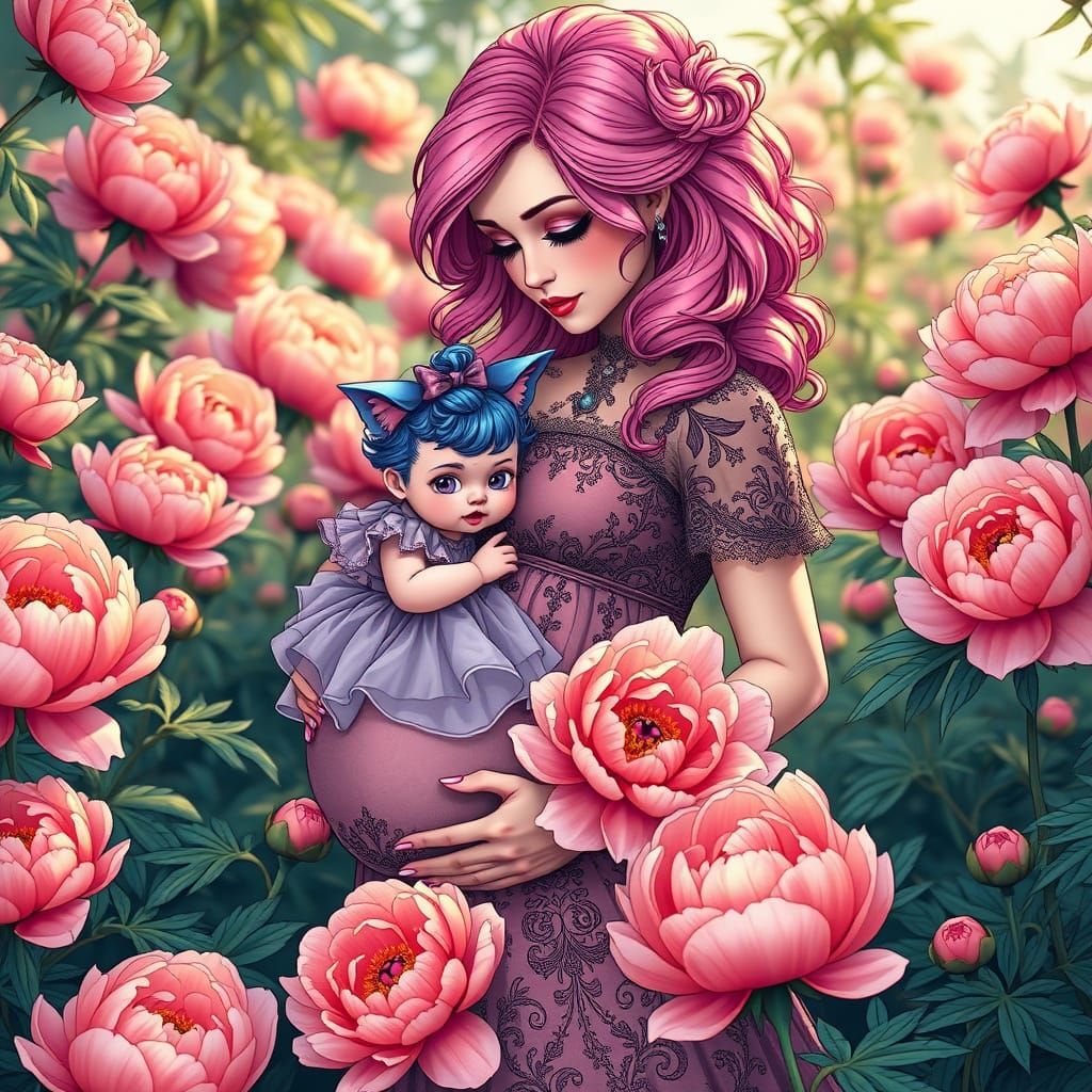 Gothic Mother and Daughter in Whimsical Art Nouveau Garden