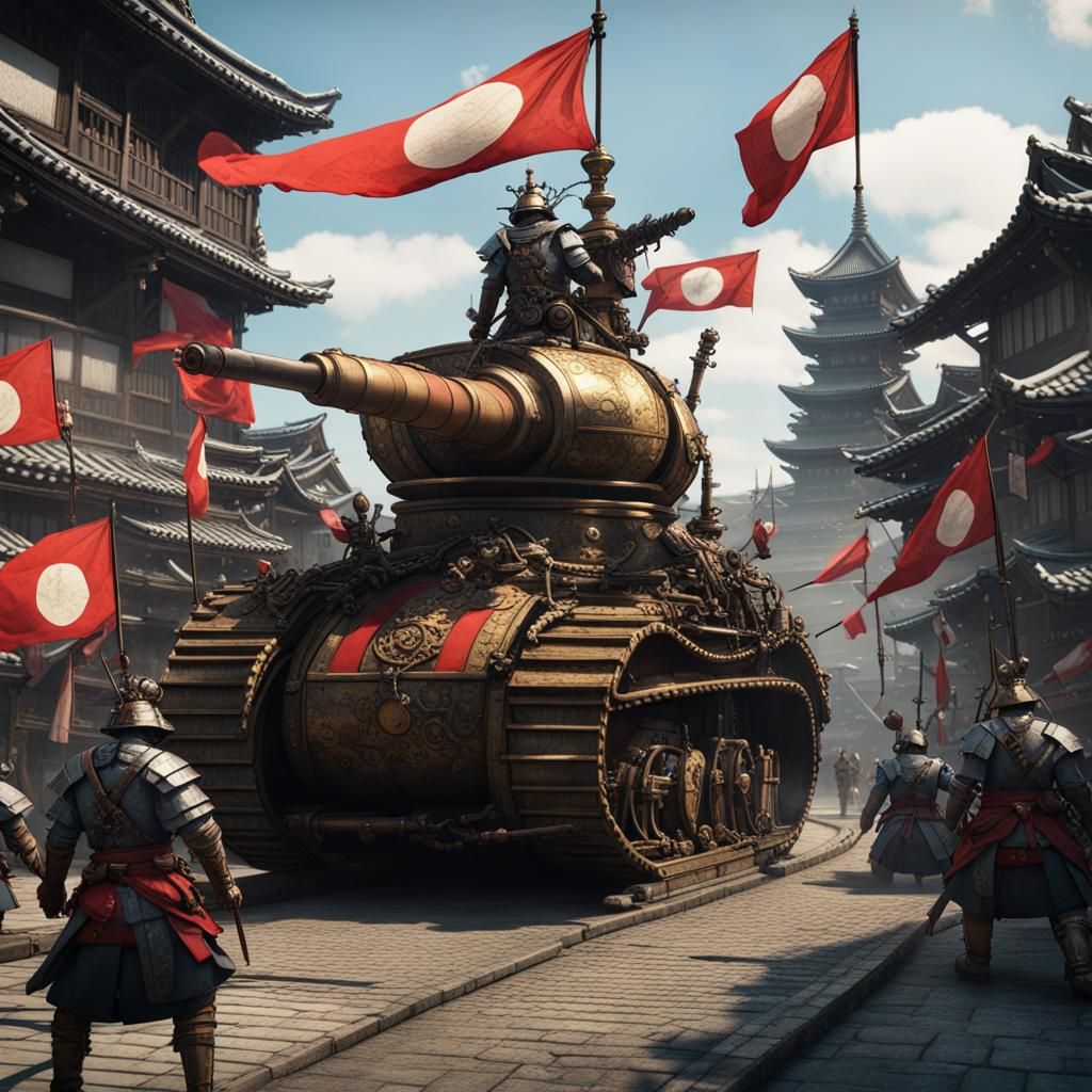 Steampunk tank cannon, turret, treads,
Being ridden and surrounded by armored samurai carrying flags and spears, in a ...