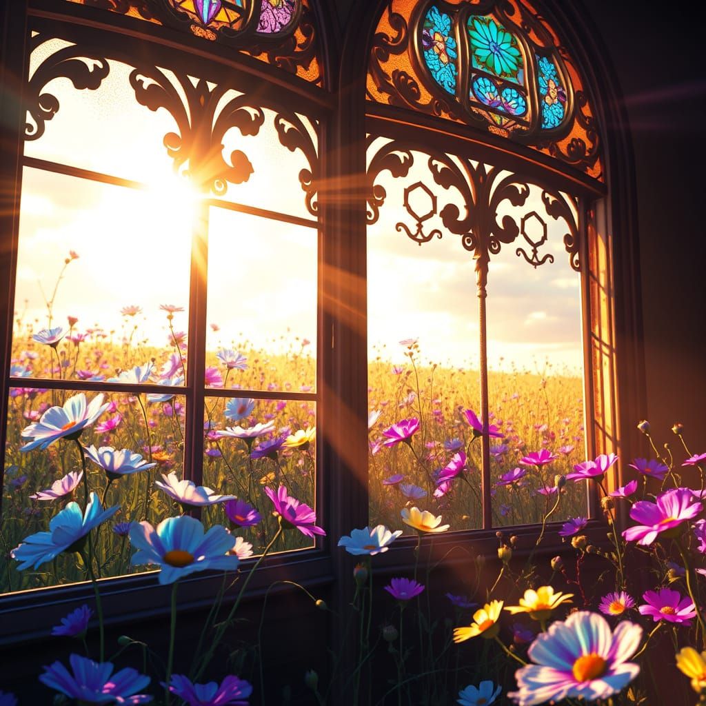 Warm Sunlight Dances Through Ornate Glass in Vibrant Digital...