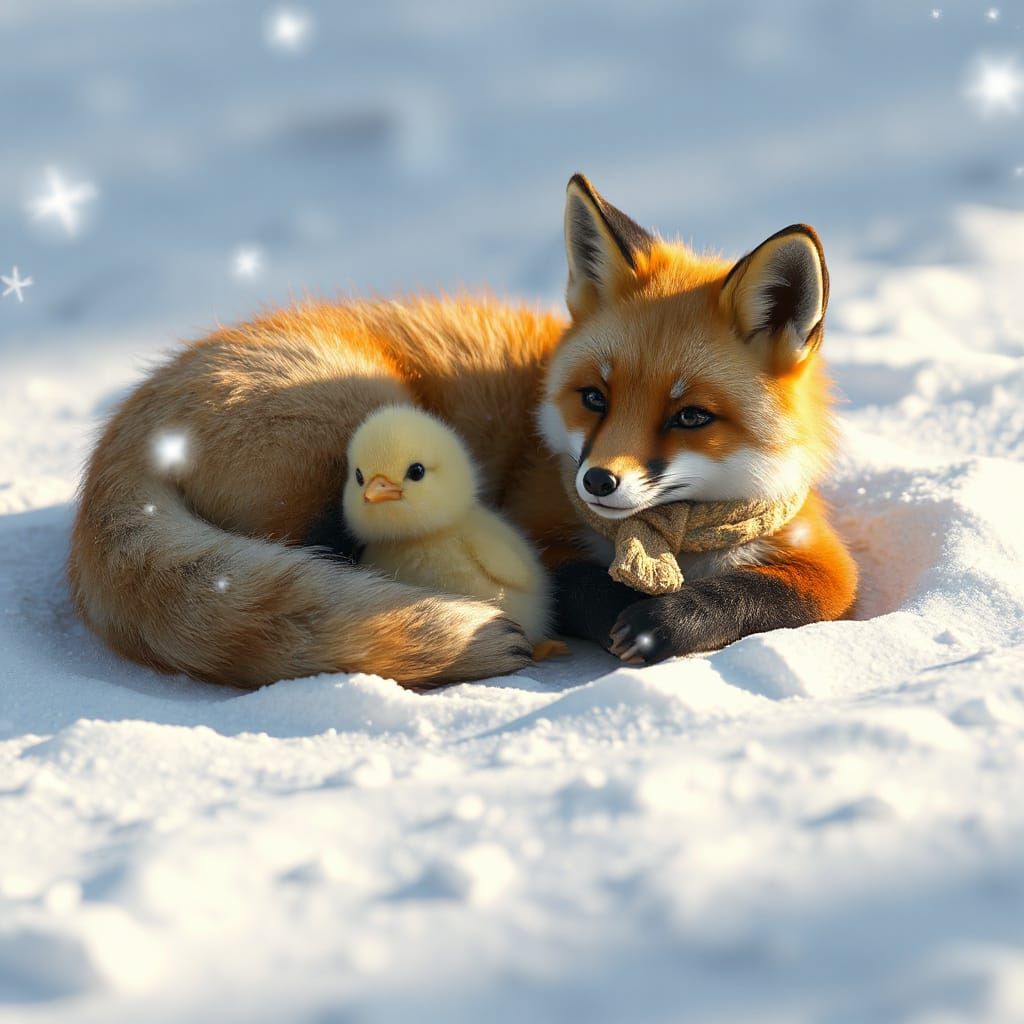 Fox and Chick Snuggled in Snow, 3D Anime Art