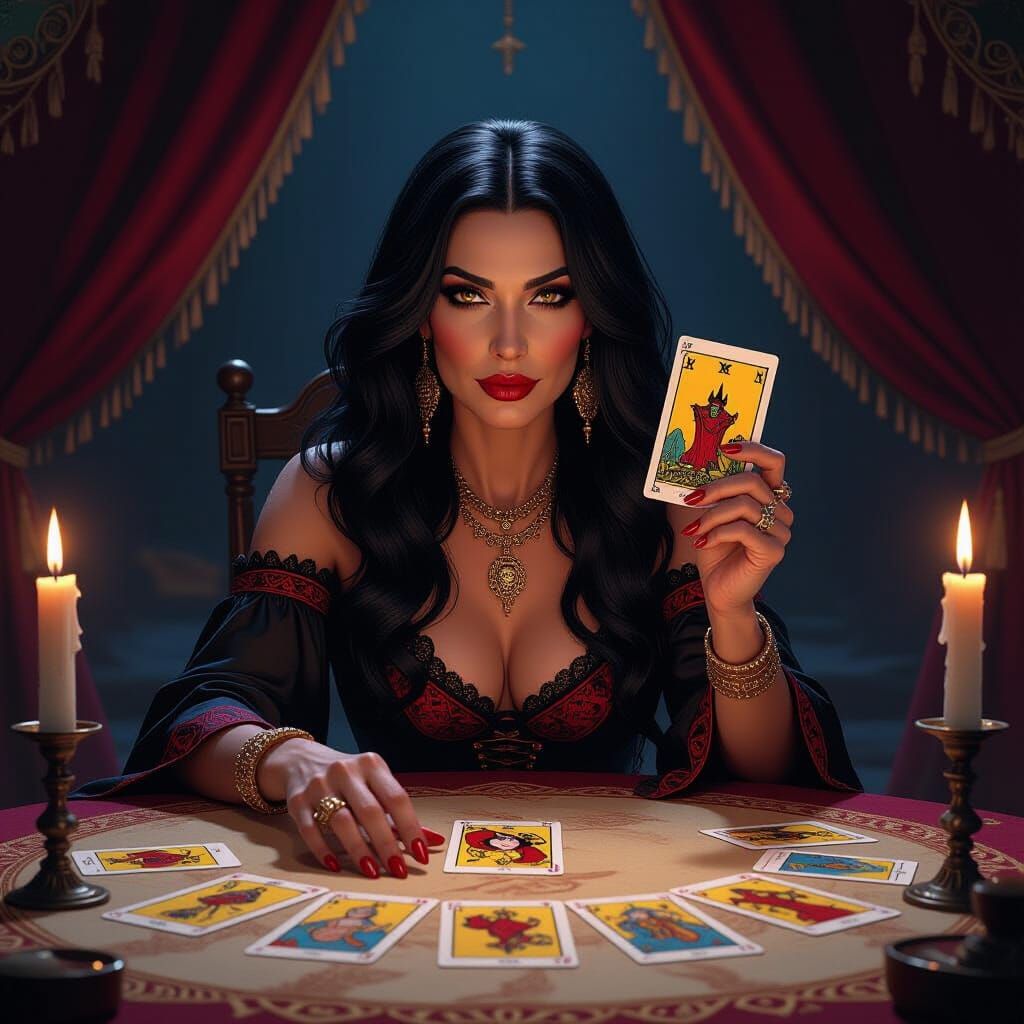 Mystic Gypsy Woman Reads Tarot in Candlelit Tent