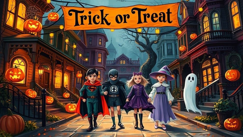 Festive Trick-or-Treaters in a Whimsical Halloween Scene