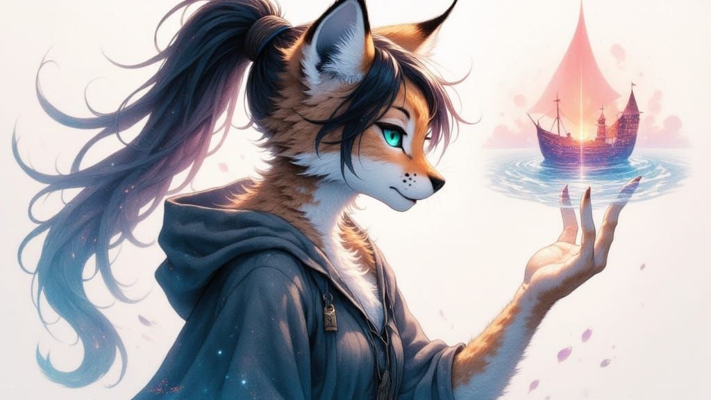 Anime Lynx Witch Conjuring Galleon in Watercolor Style