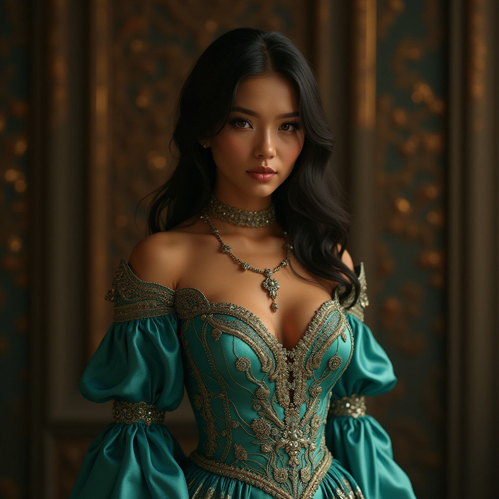Opulent Emerald Gown on Regal Woman: Fantasy Art