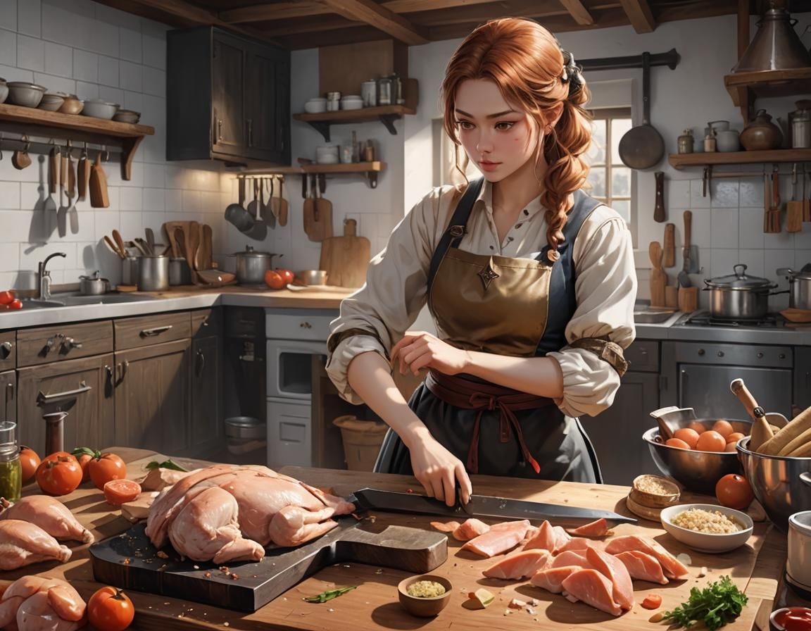 Young Woman Cuts Chicken with Axe, Anime Style