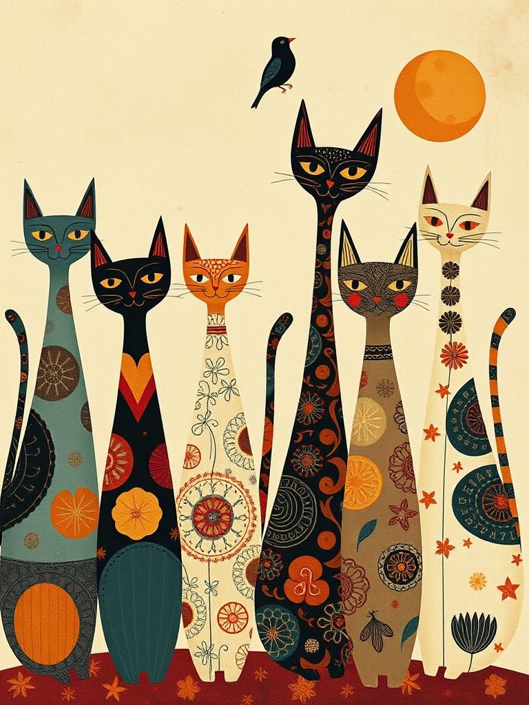 Whimsical Abstract Cats and Bird in Textile Print