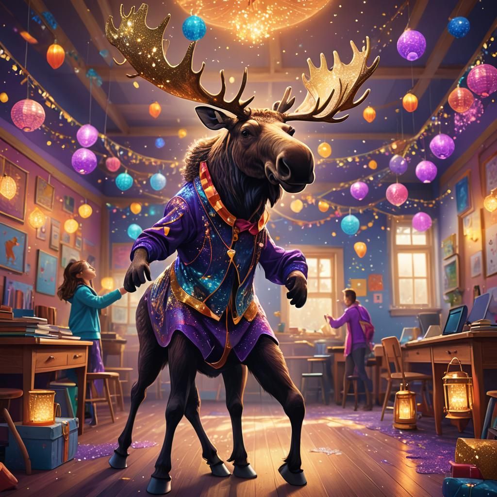 Dancing Moose in Whimsical Classroom: Concept Art