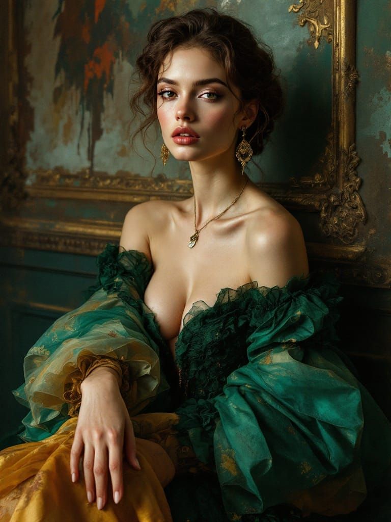 Elegant Woman in Baroque Style Couture Gown