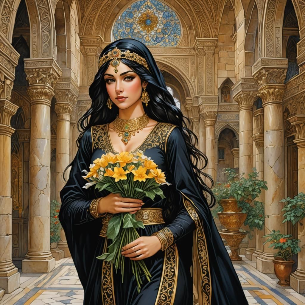 Arabian Princess Offering Flowers in Fantasy Castle
