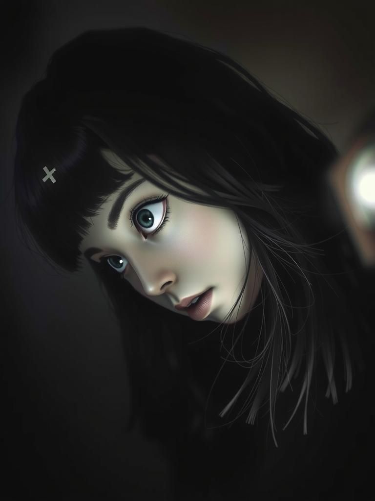 Enigmatic Woman with Plus Sign Tattoo in Moody Digital Portr...