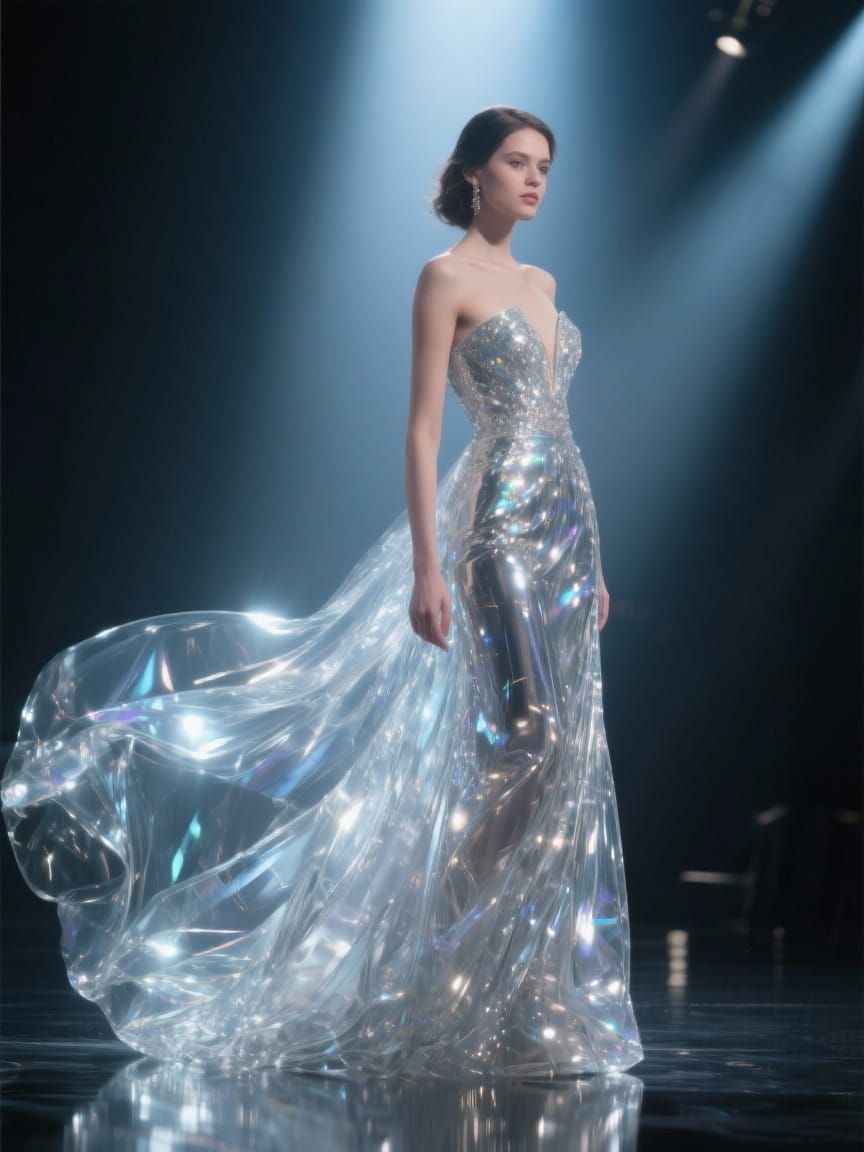 Woman in Shimmering Glass Evening Gown