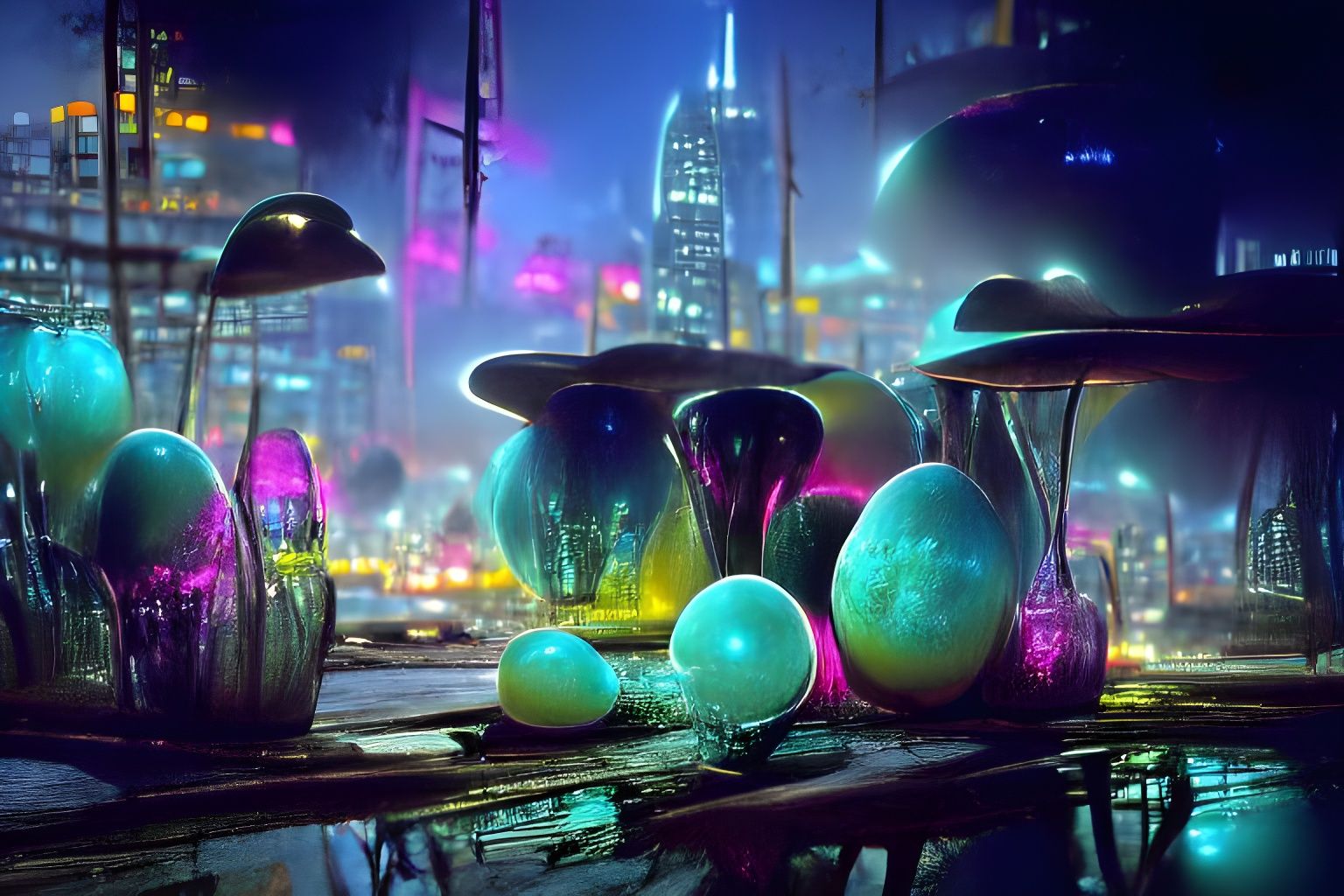Ethereal Alien Eggs and Cityscape in Synthwave Style