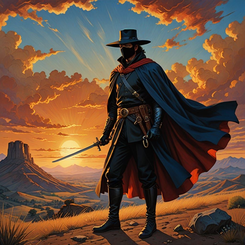Heroic Zorro in Sunset Western Landscape Oil Painting