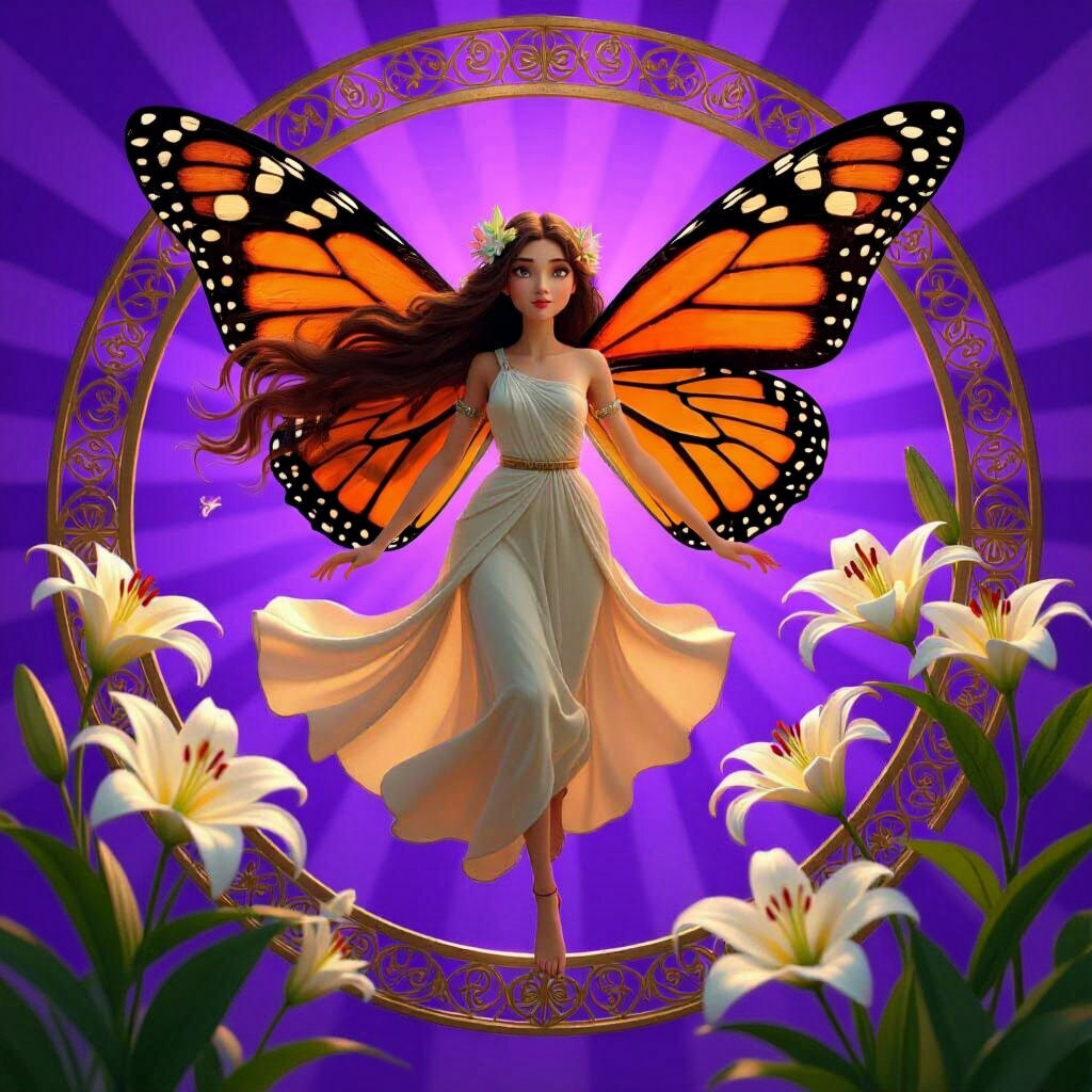 Summer Fairy with Butterfly Wings in Art Deco Frame