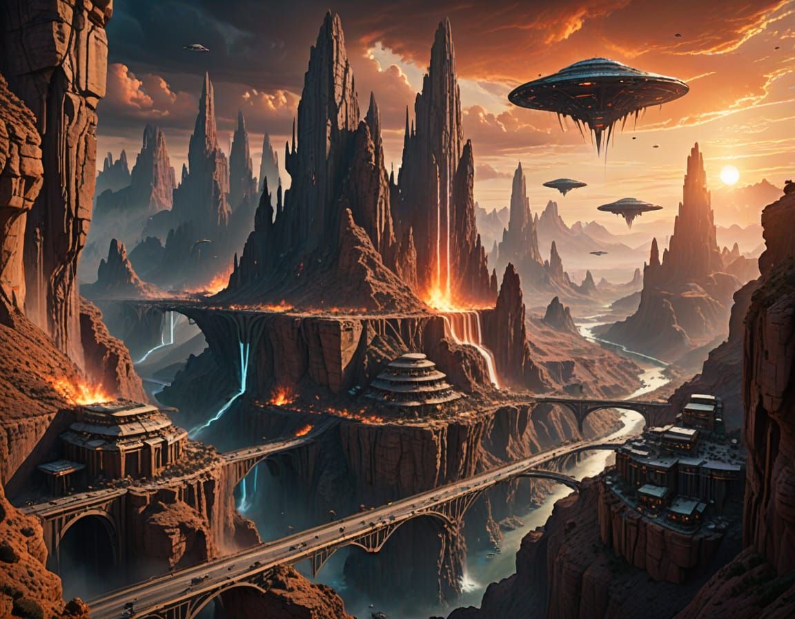 Colossal Alien City in Canyon Matte Painting