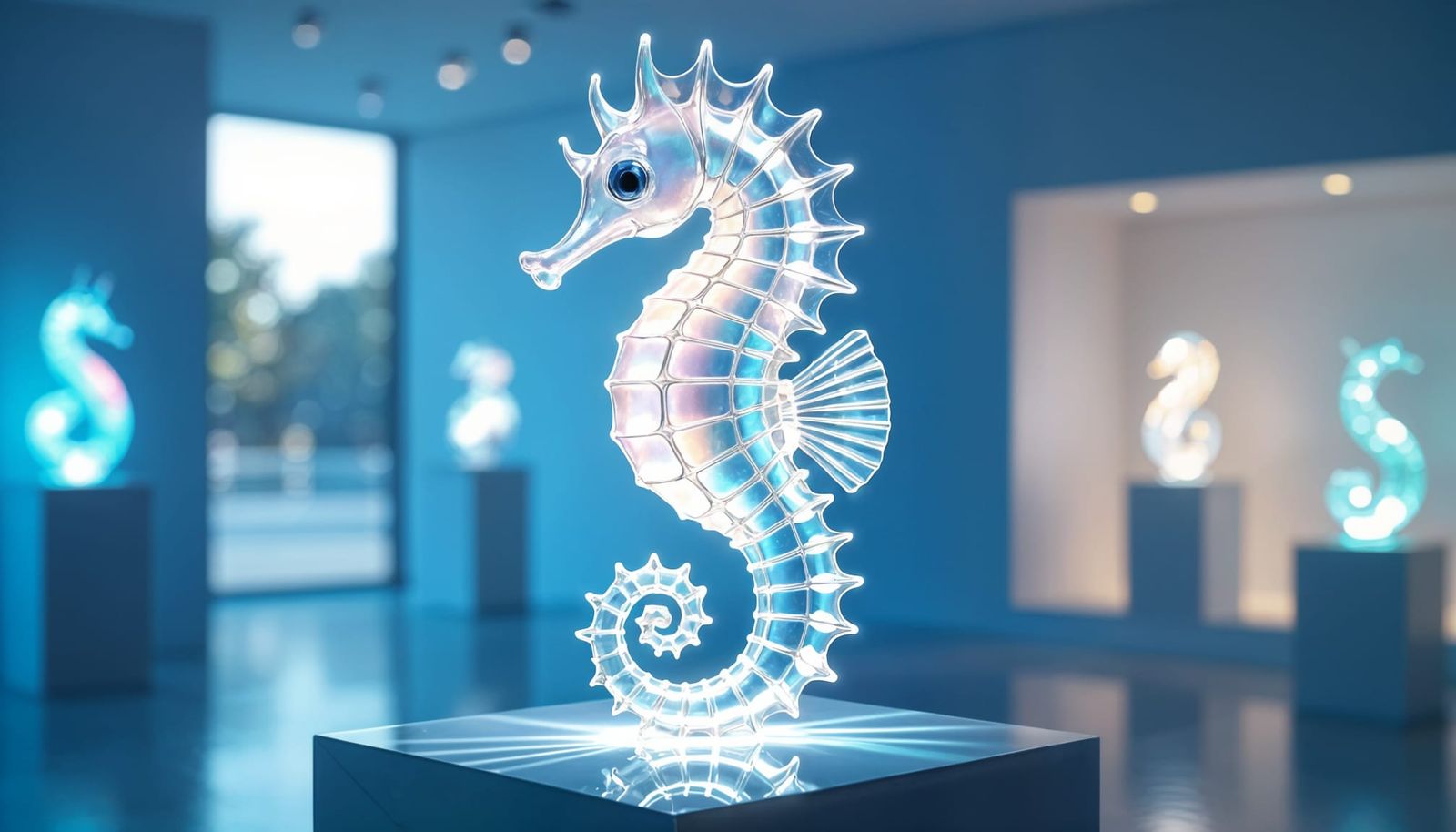 Glass Seahorse Sculpture in Soft Ocean Light