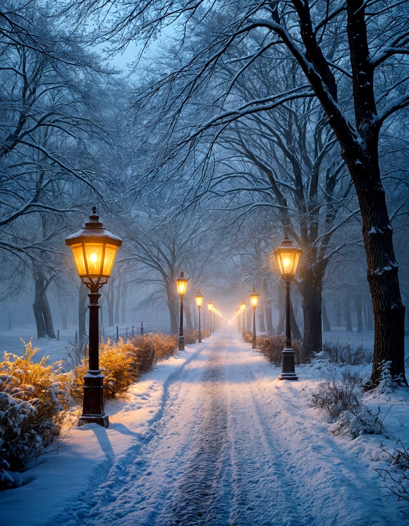 Winter Streetlamps Through Frosty Window