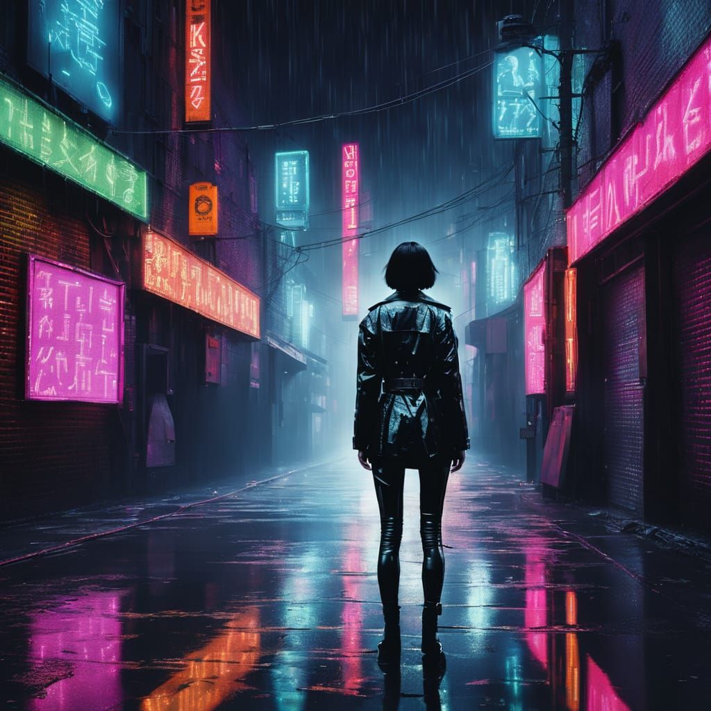 Gritty Noir Woman in Rain-Soaked Alley