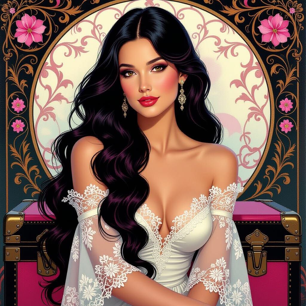 Elegant Woman with Pink Highlights in Art Nouveau Style