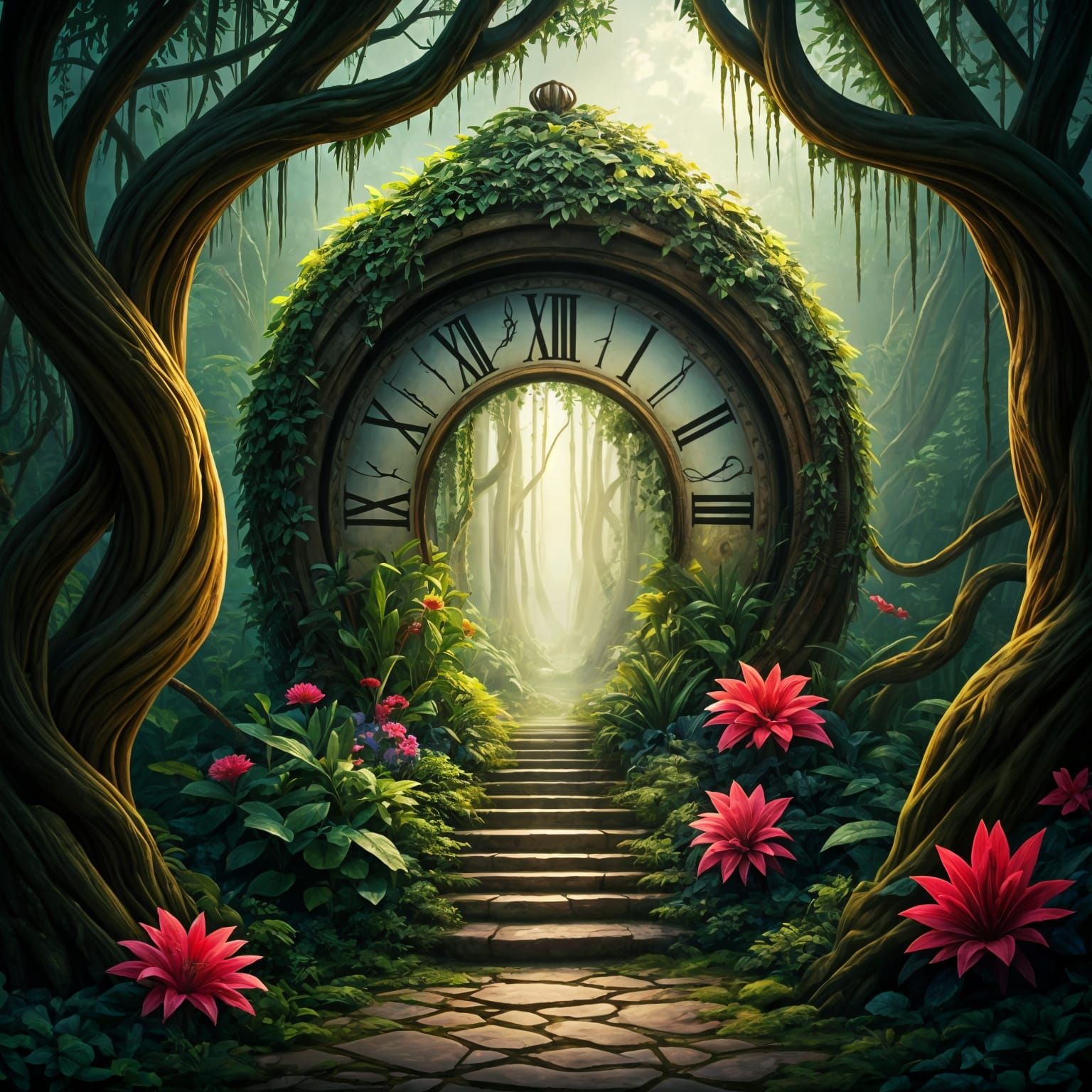 Enchanted Clock Portal to Lush Forest Impasto Painting