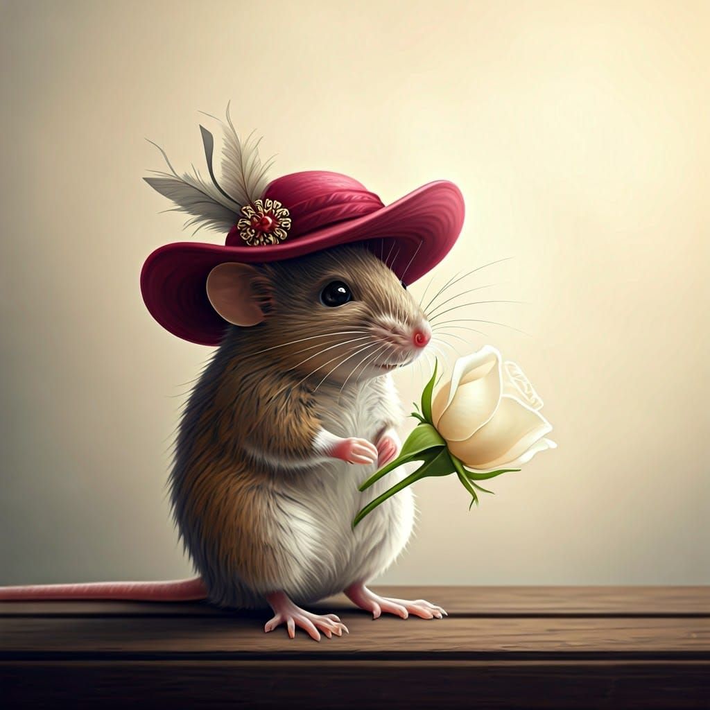 Mouse in Crimson Hat Holds White Rose
