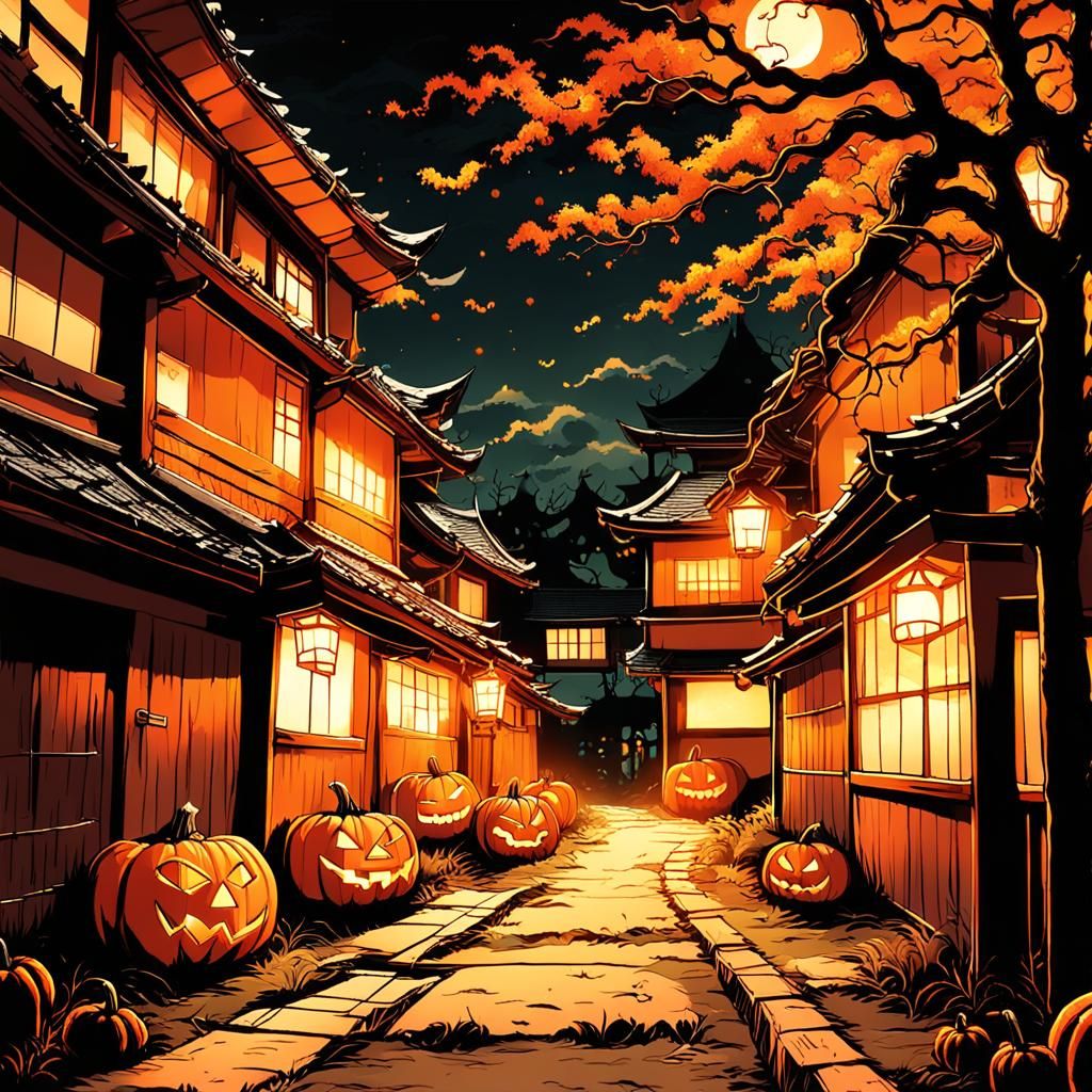 Spooky Halloween Ghosts and Pumpkins in Horror Manga Style