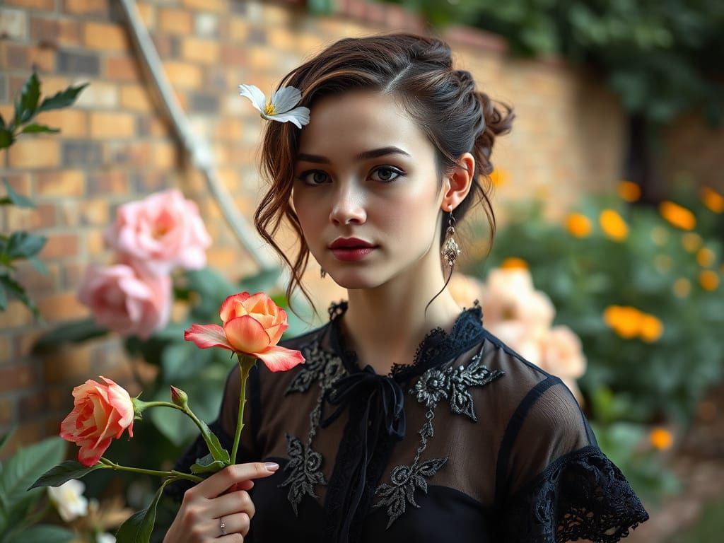 Elegant Lady in Whimsical Garden Setting