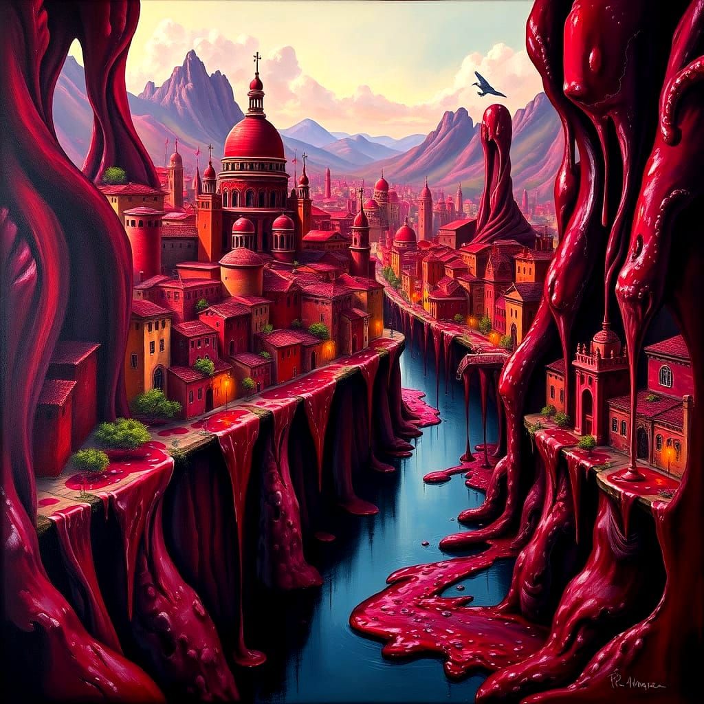 Surreal City Made Entirely of Red Wine