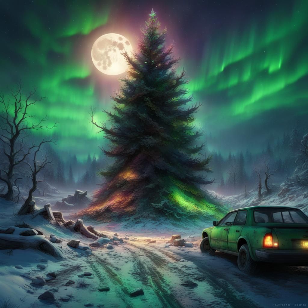 Apocalyptic Christmas Tree with Aurora Borealis