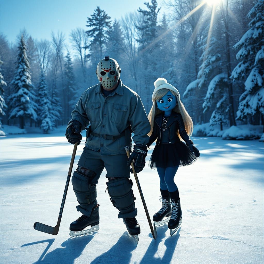 Jason Voorhees and Goth Smurfette Ice Skating