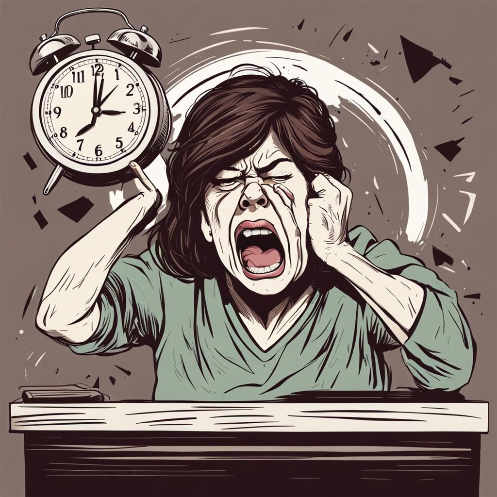 Sleepy Woman Silencing Alarm Clock in Anger