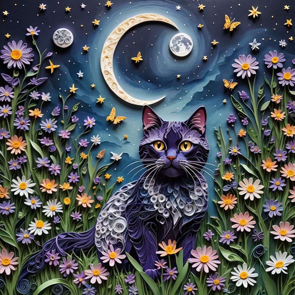 Vibrant Purple Cat Under Starry Night