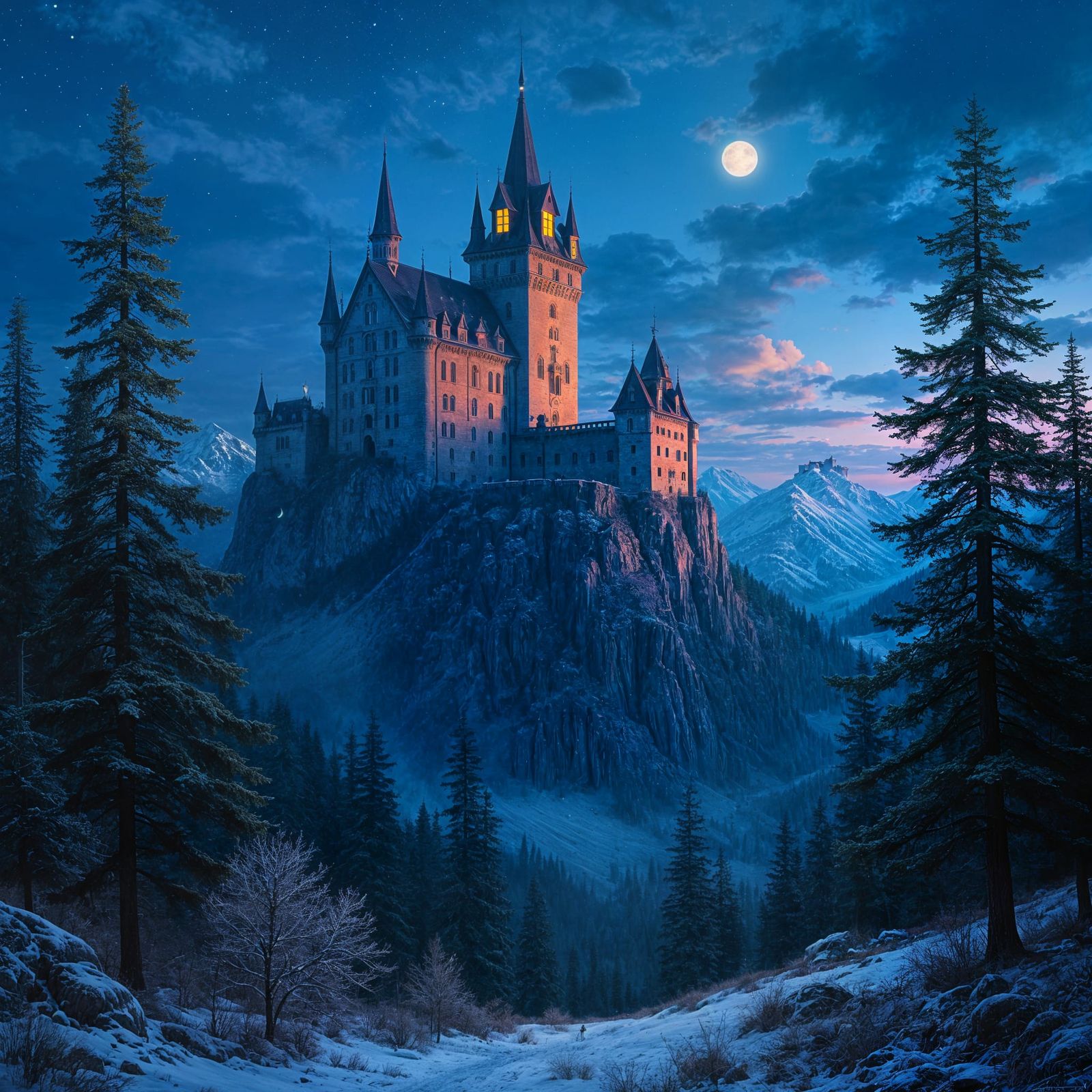 Epic Landscape Painting: Royal Blue Night Castle