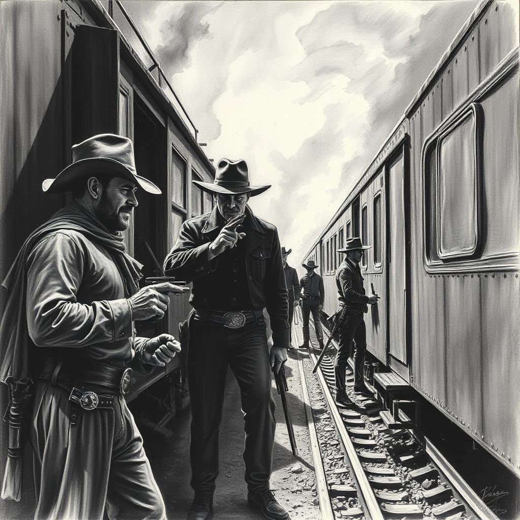 Wild West Train Robbery in Charcoal Drawing Style