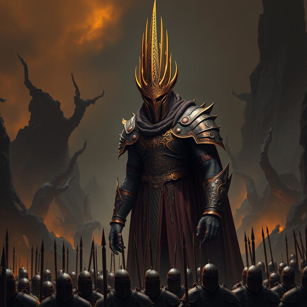 Dark Lord Sauron in Oxblood Armor, Gothic Crown, and Mordor....