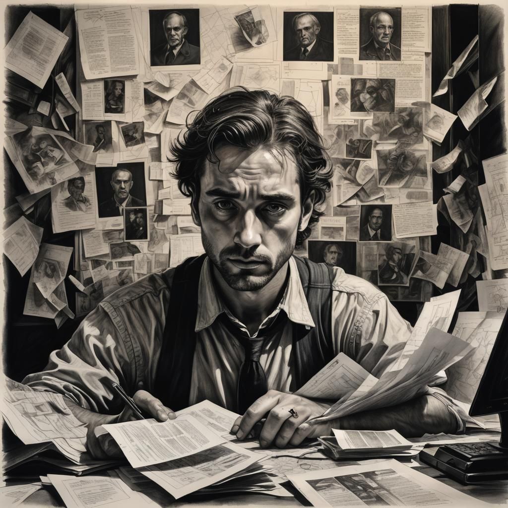 Intense Man Uncovering Truths: Charcoal Film Noir