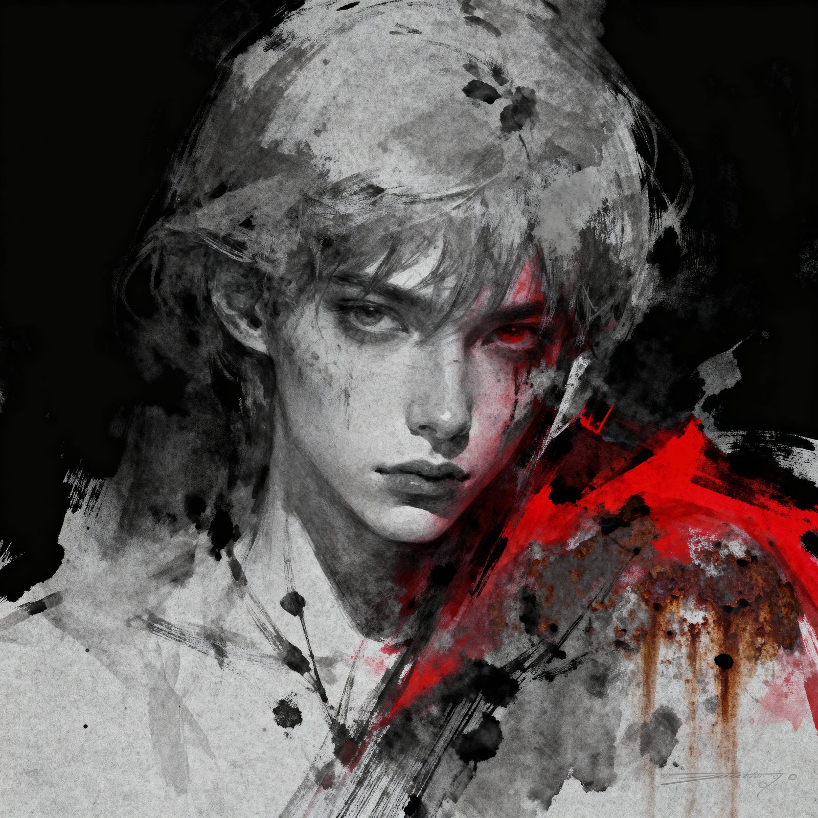 Edgy Charcoal Ink Art with Red Accents