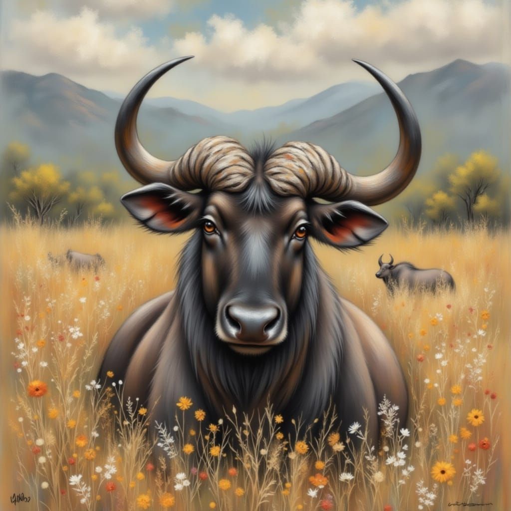 Wildebeest in Africa with Chalk Art Textures