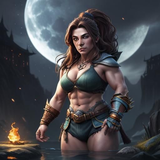 Muscular Dwarf Woman in Moonlight: Hyperrealistic Art