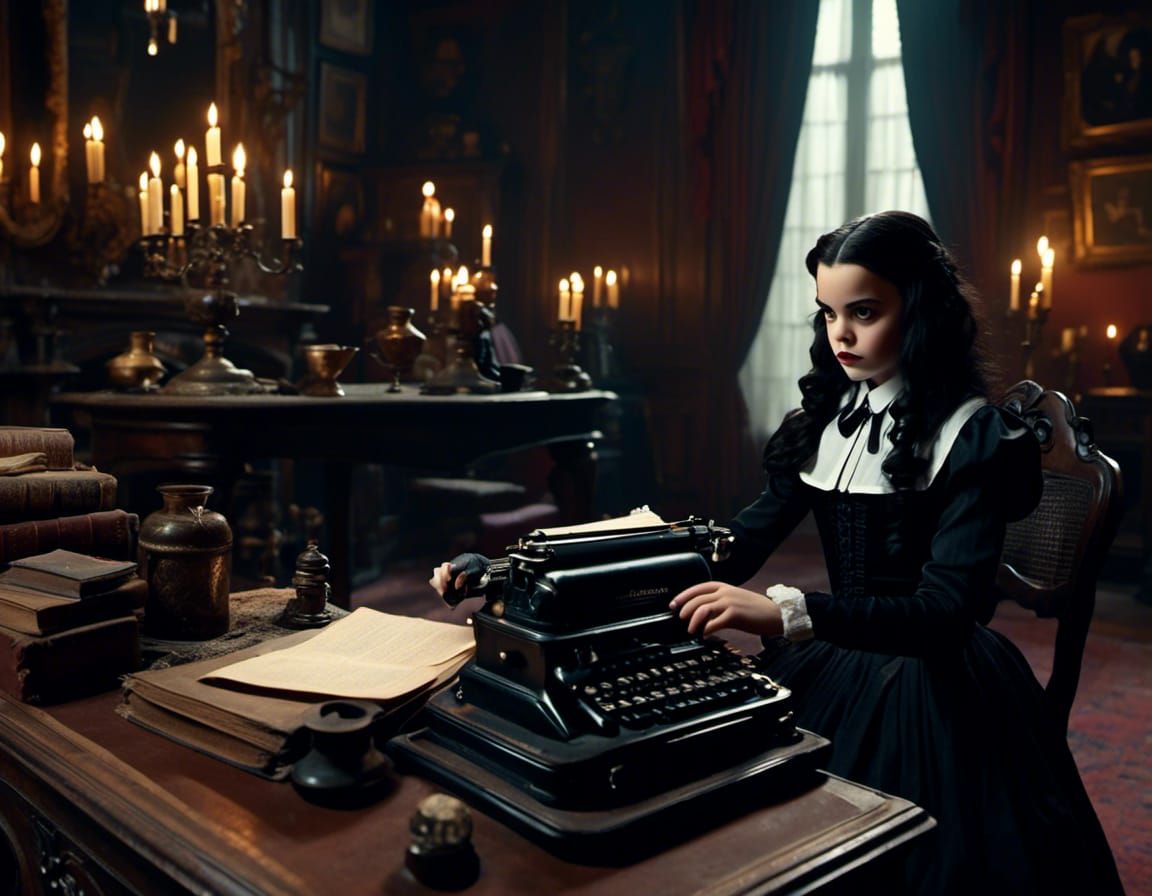 Wednesday Addams Typing in Addams Family Mansion