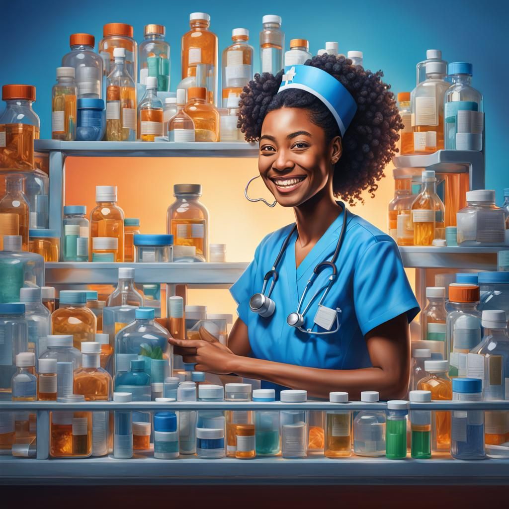 Hyperrealistic Portrait of a Beautiful Nurse with Pill Bottl...