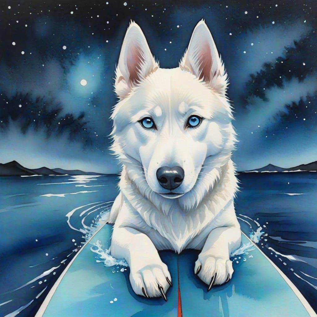 Surreal Watercolor of White Husky Riding Cosmic Surfboard at...