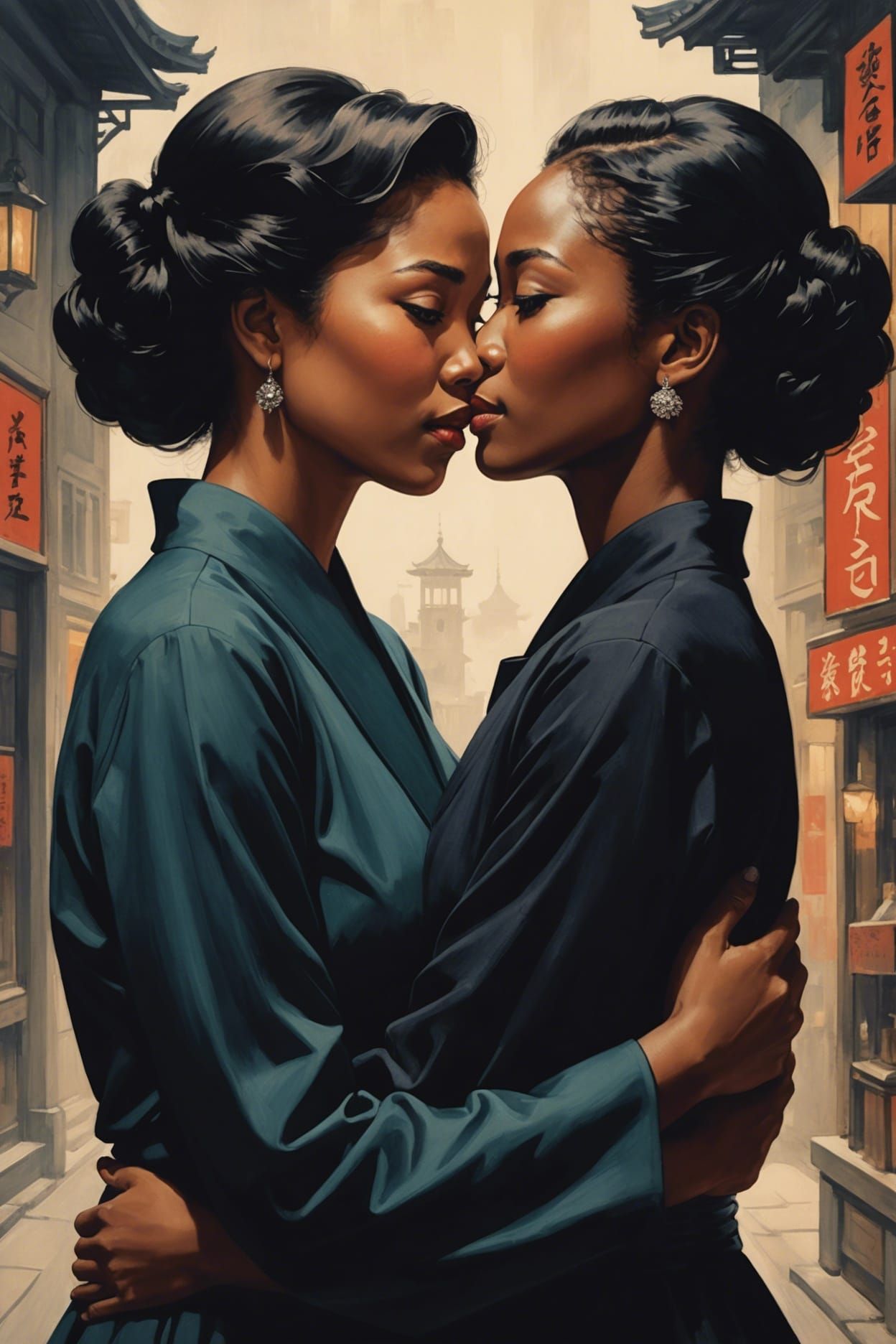 art by Takabatake Kasho, two beautifully elegant women tenderly hugging faces inches apart, breathing each other's air, ...